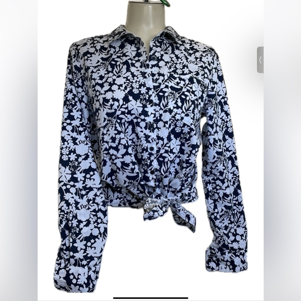 Royal  blue and white floral tie at  the waist button-down blouse
